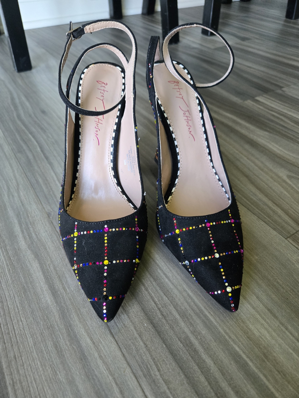 Betsey Johnson Black Pointed Toe Ankle Strap Pumps with Multicolor Rhinestones